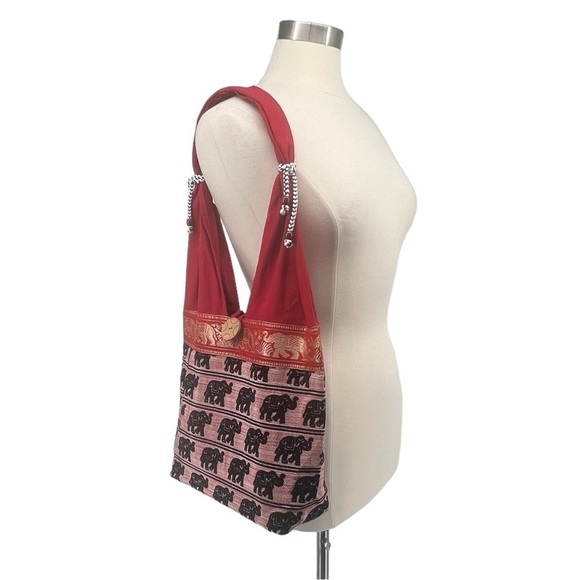 Handbags - Artisan Ethnic Elephant Print Canvas Boho Shoulder Bag in Red
